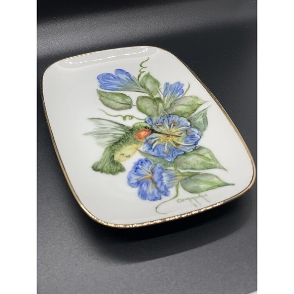 Gorgeous Vintage Hand Painted Hummingbird Trinket Dish-artist‎ signed - Picture 4 of 7